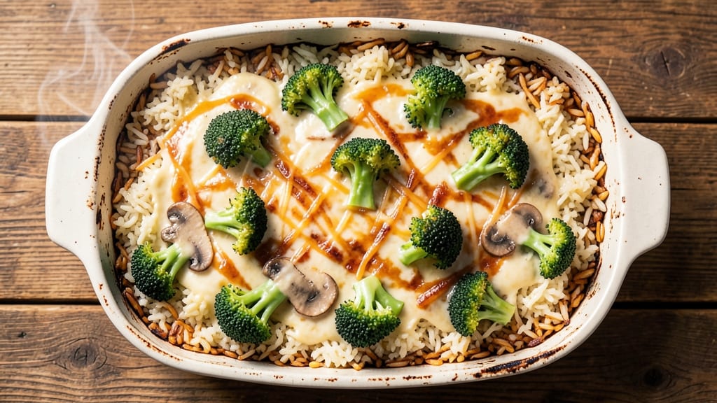 Broccoli Rice Casserole Recipe with Cream of Mushroom: Cheesy Mushroom Crisp Topped With Golden Broccoli