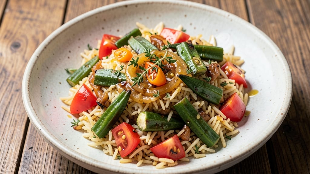 Caribbean Okra and Rice Recipe: Spiced Tomato Gravy Over Fluffy Basmati Grains