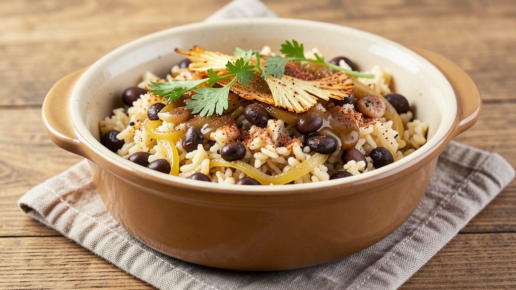 Black-Eyed Peas and Rice Crockpot Recipe: Smoky Herb Gravy With Crispy Celery Crown Topping