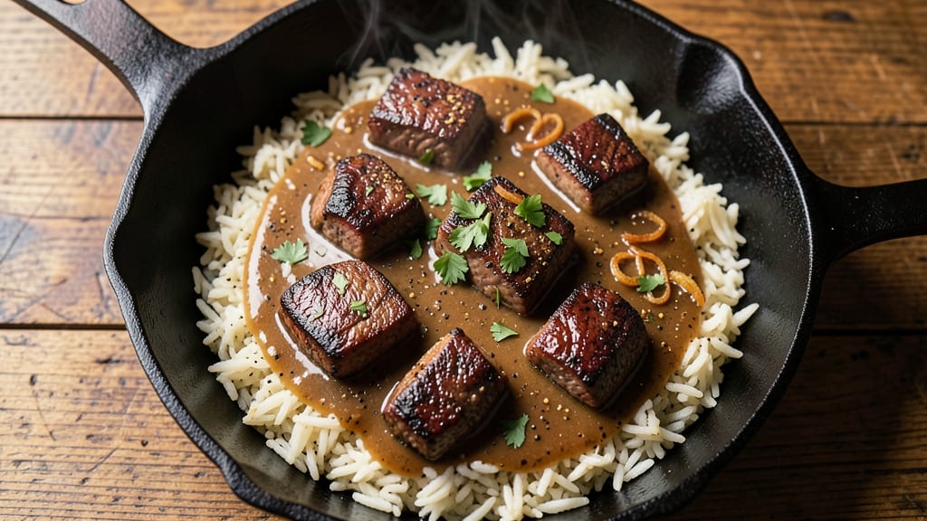 Cajun Steak, Rice, and Gravy Recipe: Smoky Spice Crust Over Velvety Pork Bites
