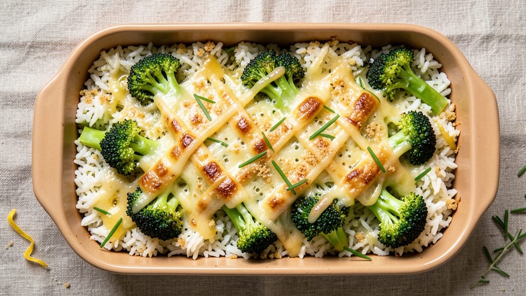 Broccoli Green Rice Casserole Recipe: Crispy Top Cheese Crunch Over Creamy Base