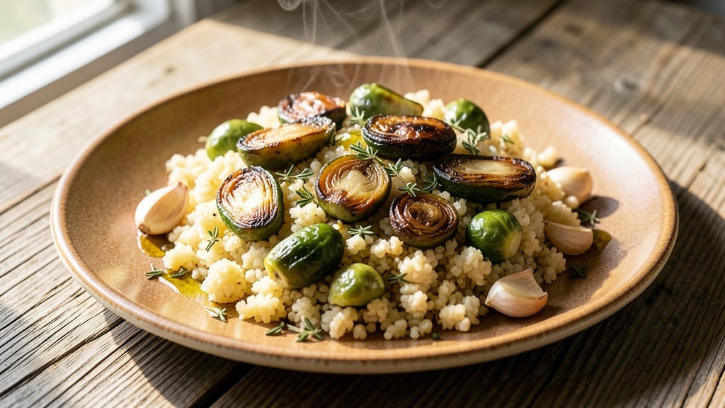 Cauliflower Rice and Brussels Sprouts Recipe: Crispy-Topped Veggie Harmony in One Pan