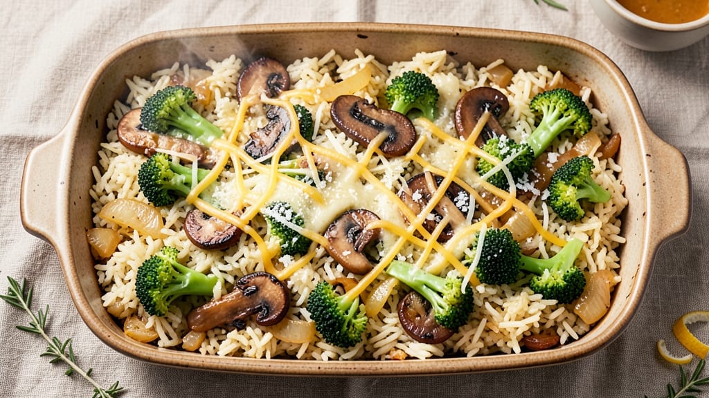 Broccoli Rice Mushroom Casserole Recipe: Cheesy Crisp-Top Bake for One-Pan Ease