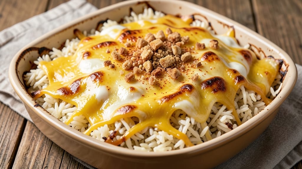 Cheesy Rice Bake Recipe: Melty Cheese Rivers Over Buttery Toasted Rice