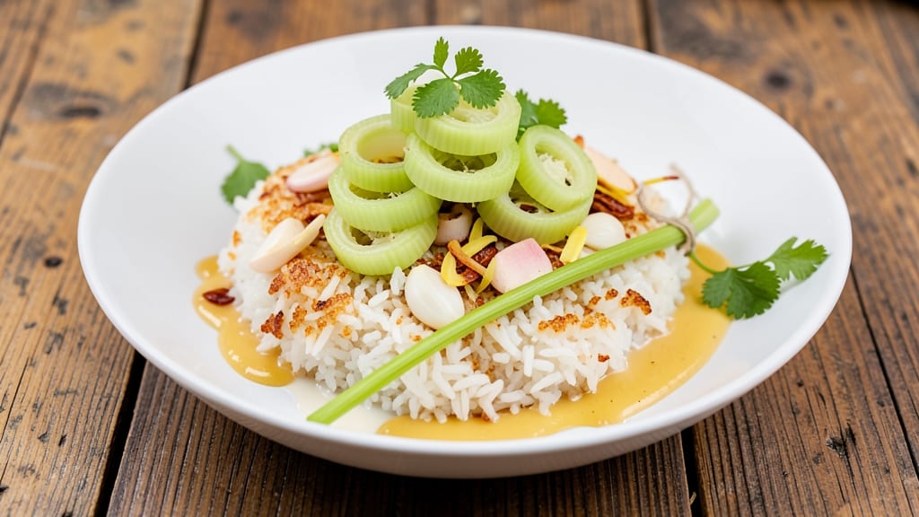 Buro Rice Recipe: Crispy Celery Crown Over Savory Herb Rice