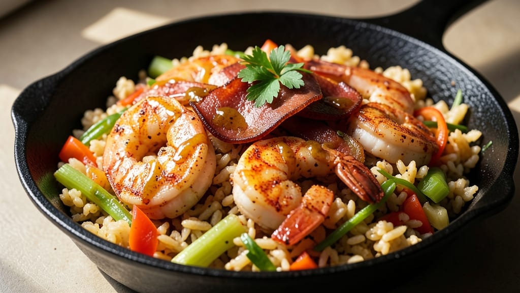 Cajun Shrimp and Dirty Rice Recipe: Spicy Shrimp Over Smoky Celery-Crusted Grains